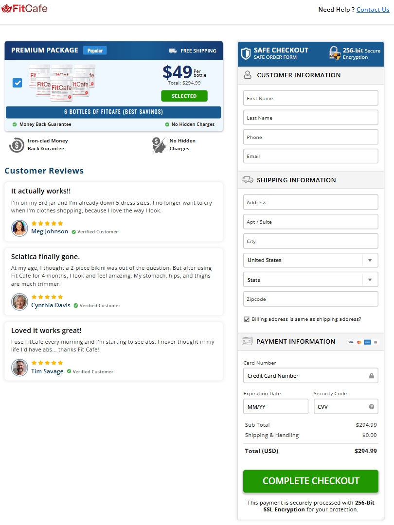 Fit Cafe secure checkout page